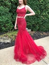 Trumpet/Mermaid V-neck Tulle Glitter Sweep Train Prom Dresses With Appliques Lace #UKM020115321