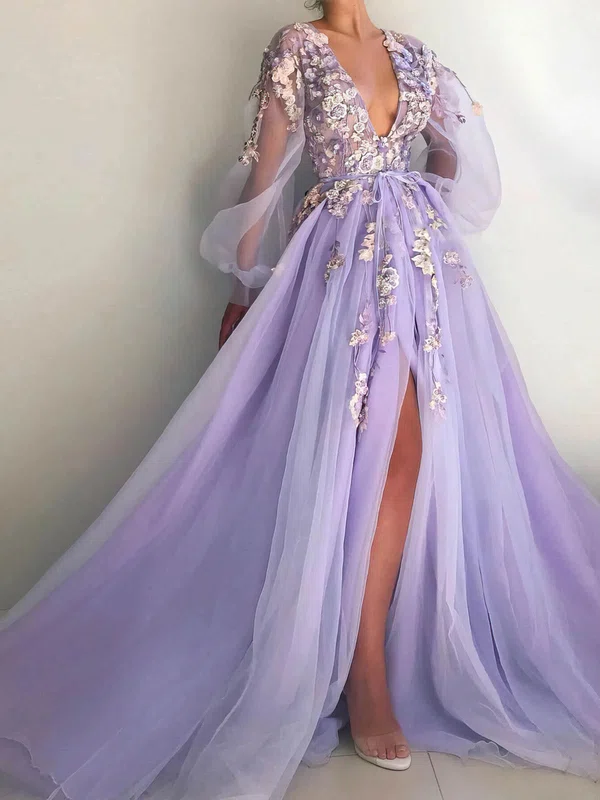 Ball Gown/Princess Sweep Train V-neck Tulle Long Sleeves Split Front Prom Dresses #UKM020115323