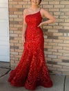 Trumpet/Mermaid One Shoulder Tulle Floor-length Prom Dresses With Beading #UKM020115329