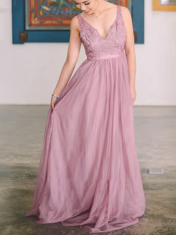 A-line V-neck Chiffon Sweep Train Prom Dresses With Sashes / Ribbons #UKM020115335