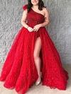Ball Gown One Shoulder Tulle Glitter Sweep Train Prom Dresses With Feathers / Fur #UKM020115339