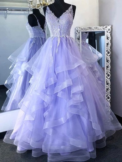 Ball Gown V-neck Tulle Sweep Train Prom Dresses With Cascading Ruffles #UKM020115346