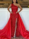 Sheath/Column One Shoulder Organza Sequined Detachable Prom Dresses With Split Front #UKM020115353