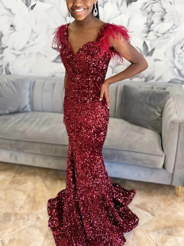 Trumpet/Mermaid V-neck Sequined Sweep Train Prom Dresses With Feathers / Fur #UKM020115354