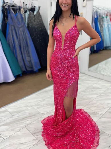 Sheath/Column V-neck Sequined Sweep Train Prom Dresses With Split Front #UKM020115365