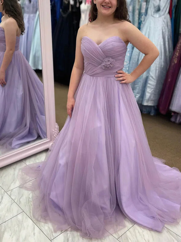 Ball Gown Sweetheart Tulle Sweep Train Prom Dresses With Flower(s) #UKM020115367