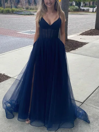 Princess V-neck Tulle Sweep Train Prom Dresses With Split Front #UKM020115377