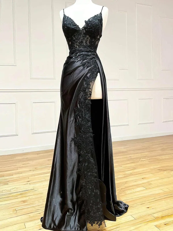 Sheath/Column V-neck Silk-like Satin Sweep Train Prom Dresses With Split Front #UKM020115390