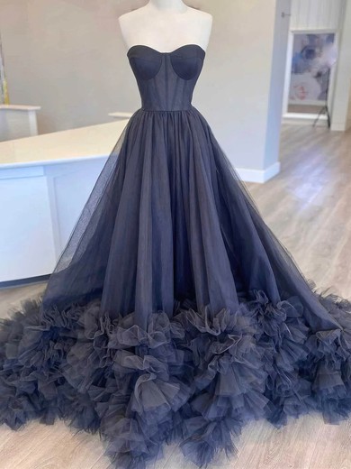 Ball Gown Sweetheart Tulle Sweep Train Prom Dresses With Cascading Ruffles #UKM020115393