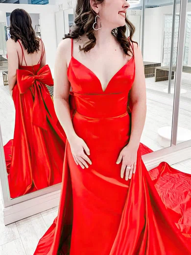 Sheath/Column V-neck Satin Detachable Prom Dresses With Bow #UKM020115395