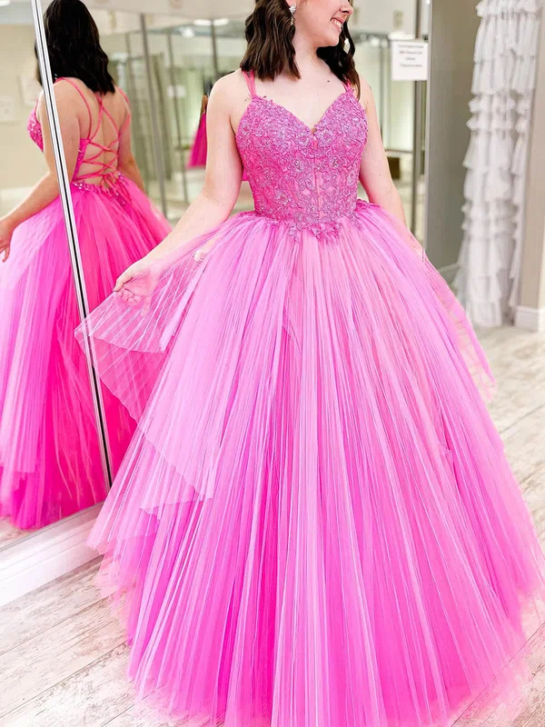 Ball Gown/Princess Floor-length V-neck Tulle Appliques Lace Prom Dresses #UKM020115396