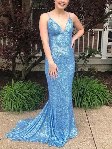 Trumpet/Mermaid V-neck Sequined Sweep Train Prom Dresses #UKM020115398