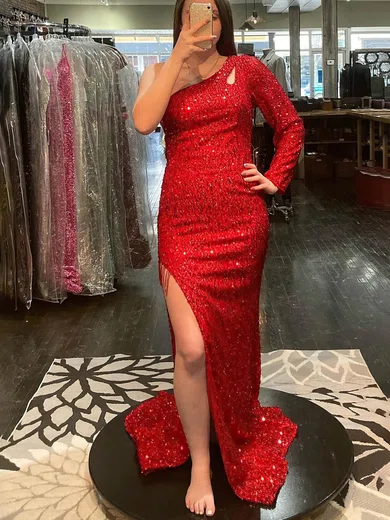 Sheath/Column One Shoulder Sequined Sweep Train Prom Dresses #UKM020115401