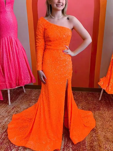 Sheath/Column One Shoulder Sequined Sweep Train Prom Dresses With Split Front #UKM020115404