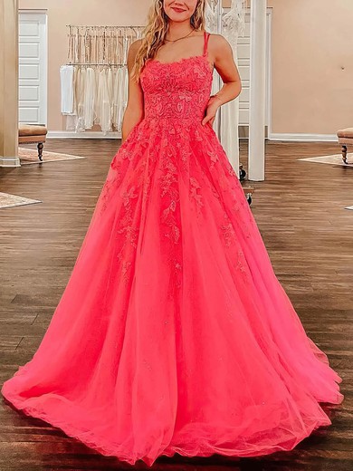Ball Gown Scoop Neck Tulle Sweep Train Prom Dresses With Appliques Lace #UKM020115411