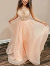 A-line V-neck Tulle Glitter Sweep Train Prom Dresses With Appliques Lace #UKM020115412