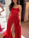 A-line Scoop Neck Silk-like Satin Sweep Train Prom Dresses With Split Front #UKM020115413