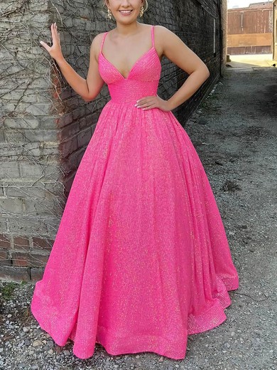Ball Gown V-neck Sequined Sweep Train Prom Dresses #UKM020115416