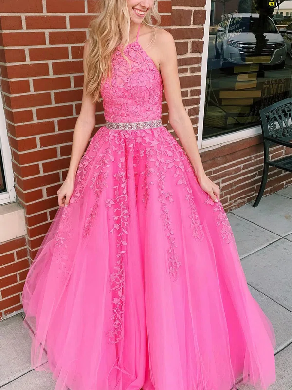Princess Halter Tulle Sweep Train Prom Dresses With Beading #UKM020115418