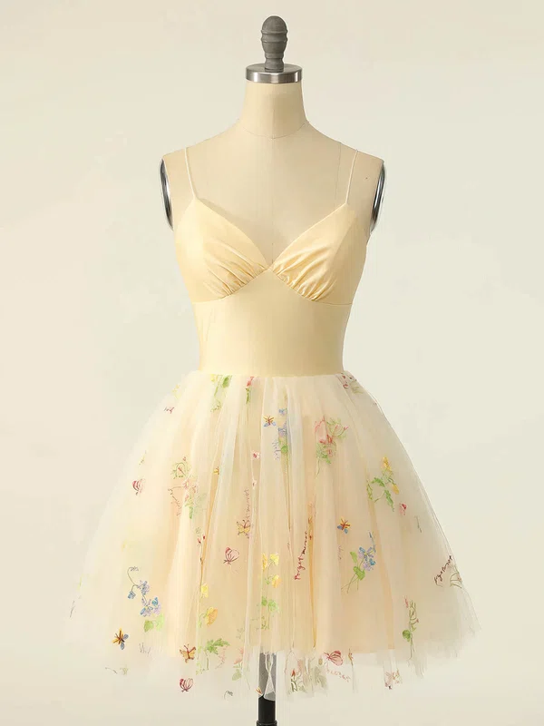 A-line V-neck Tulle Short/Mini Short Prom Dresses With Flower(s) #UKM020115424