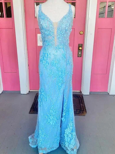 Sheath/Column V-neck Tulle 3D Floral Prom Dresses With Appliques #UKM020115431