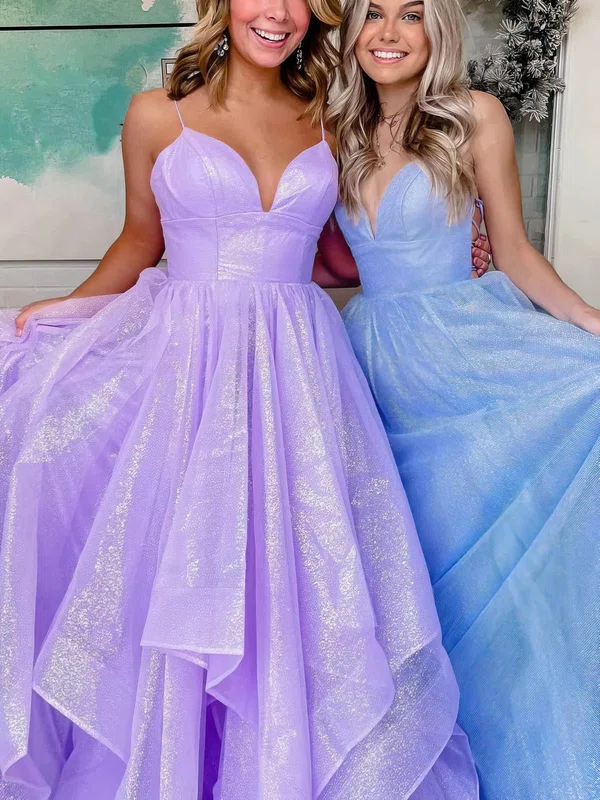 Princess V-neck Glitter Sweep Train Prom Dresses With Cascading Ruffles #UKM020115437