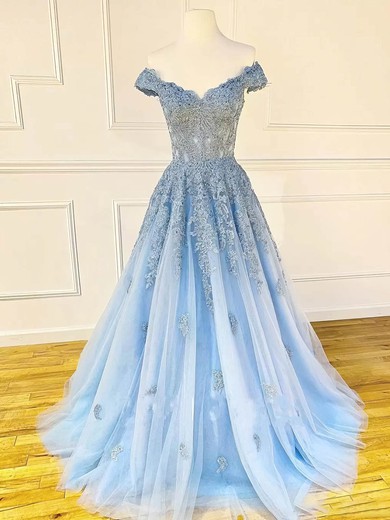 Princess Off-the-shoulder Tulle Sweep Train Prom Dresses With Appliques Lace #UKM020115440