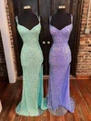Trumpet/Mermaid V-neck Sequined Sweep Train Prom Dresses With Split Front #UKM020115444