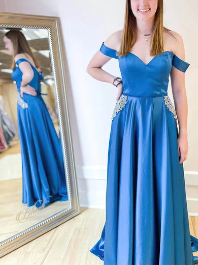 A-line Off-the-shoulder Silk-like Satin Sweep Train Prom Dresses With Pockets #UKM020115449