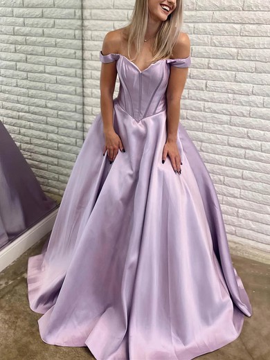 Ball Gown Off-the-shoulder Satin Sweep Train Prom Dresses #UKM020115456