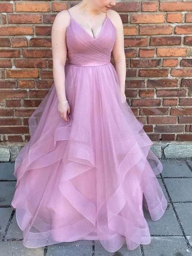 Princess V-neck Tulle Ruffle Prom Dresses With Ruched #UKM020115461