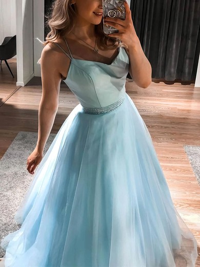 Princess V-neck Tulle Sweep Train Prom Dresses With Appliques Lace #UKM020115463