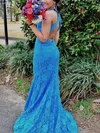 Trumpet/Mermaid V-neck Lace Sweep Train Prom Dresses With Ruffles #UKM020115465