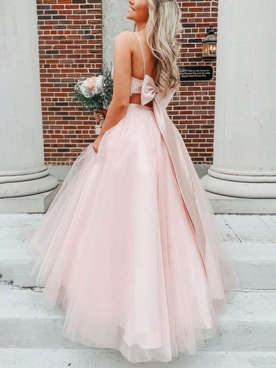 Ball Gown V-neck Tulle Sweep Train Prom Dresses With Bow #UKM020115467