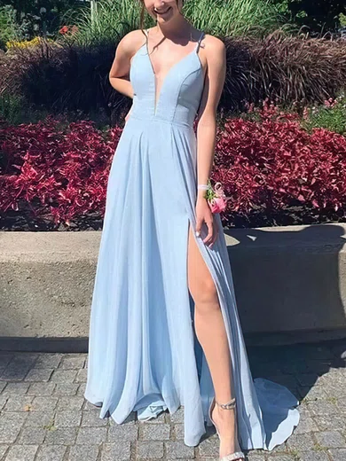 A-line V-neck Chiffon Sweep Train Prom Dresses With Split Front #UKM020115484