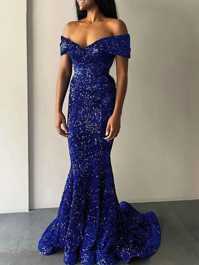 Sheath/Column Sweep Train Off-the-shoulder Velvet Sequins Sparkle & Shine Prom Dresses #UKM020115485