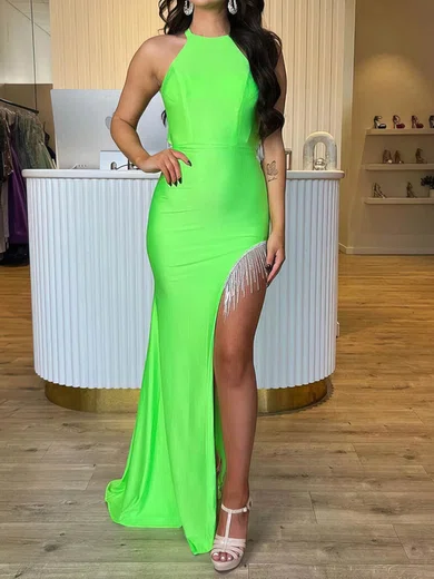 Sheath/Column Halter Jersey Prom Dresses With Fringe #UKM020115510