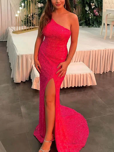 Sheath/Column One Shoulder Sequined Sweep Train Prom Dresses With Split Front #UKM020115512