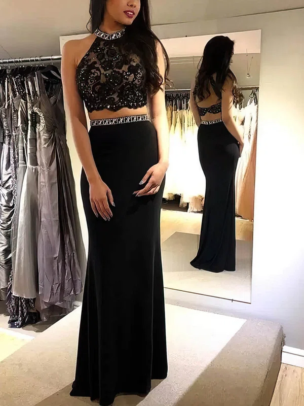 Sheath/Column Scoop Neck Lace Stretch Crepe Floor-length Prom Dresses With Beading #UKM020115517