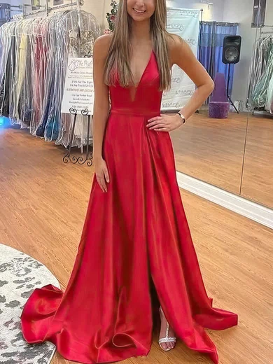 A-line V-neck Silk-like Satin Sweep Train Prom Dresses With Split Front #UKM020115522