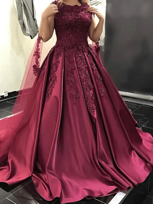 Ball Gown Scoop Neck Satin Sweep Train Prom Dresses With Beading #UKM020115528
