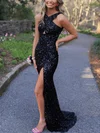 Sheath/Column V-neck Sequined Sweep Train Prom Dresses With Split Front #UKM020115530