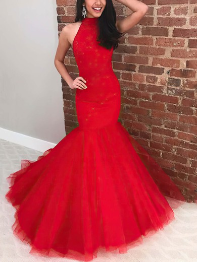 Trumpet/Mermaid High Neck Tulle Sweep Train Prom Dresses With Beading #UKM020115532