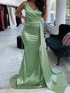 Trumpet/Mermaid One Shoulder Silk-like Satin Sweep Train Prom Dresses With Ruffles #UKM020115534
