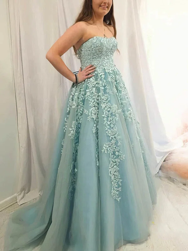 Princess Strapless Tulle Sweep Train Prom Dresses With Appliques Lace #UKM020115539