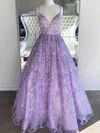 Ball Gown V-neck Tulle Floor-length Prom Dresses With Appliques Lace #UKM020115540