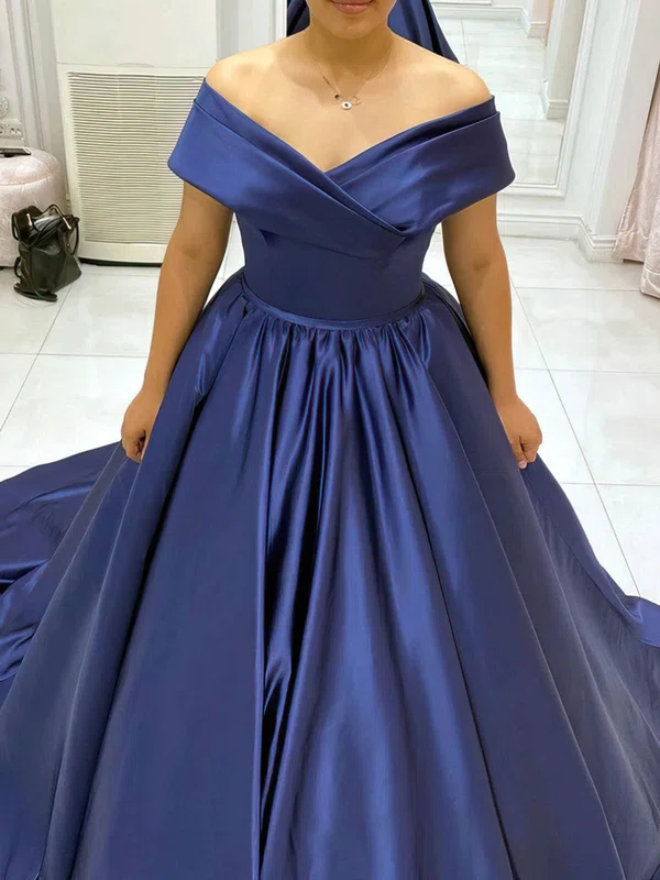 Ball Gown Off-the-shoulder Satin Sweep Train Prom Dresses With Ruffles #UKM020115541