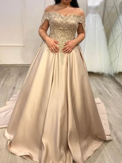 Ball Gown Off-the-shoulder Satin Sweep Train Prom Dresses With Appliques Lace #UKM020115542