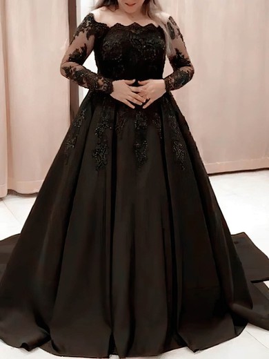 Ball Gown Off-the-shoulder Satin Sweep Train Prom Dresses With Appliques Lace #UKM020115543