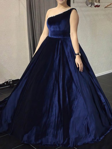 Ball Gown One Shoulder Velvet Sweep Train Prom Dresses With Beading #UKM020115544